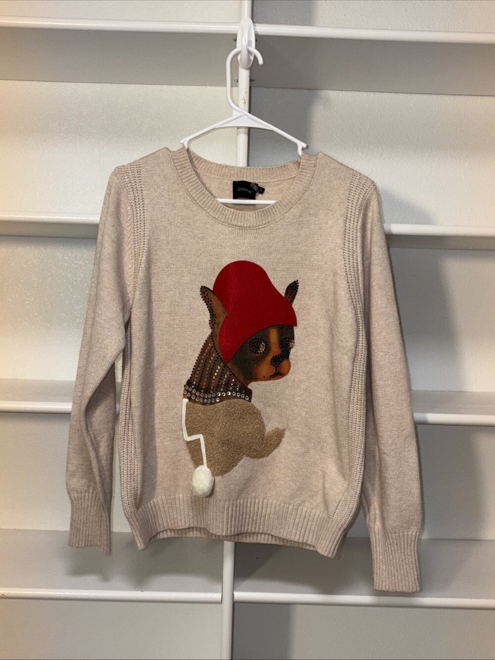 Women’s Cliche Studded Dog Sweater Beige Large Winter Pup